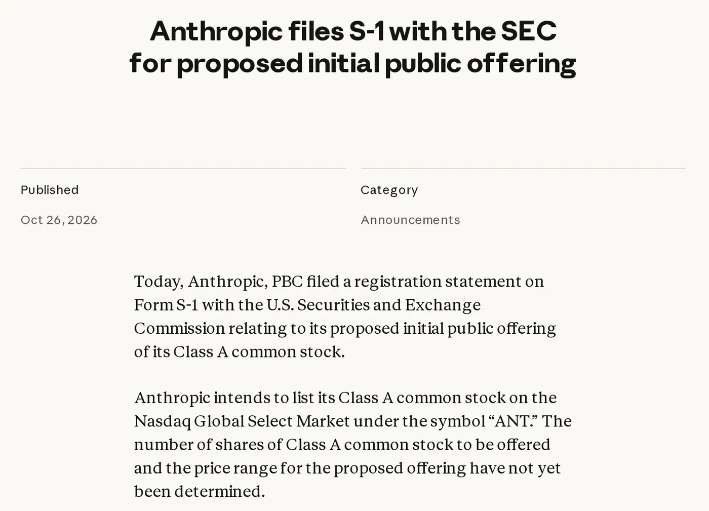 Anthropic’s announcement of its S-1 filing, Oct. 26, 2026.