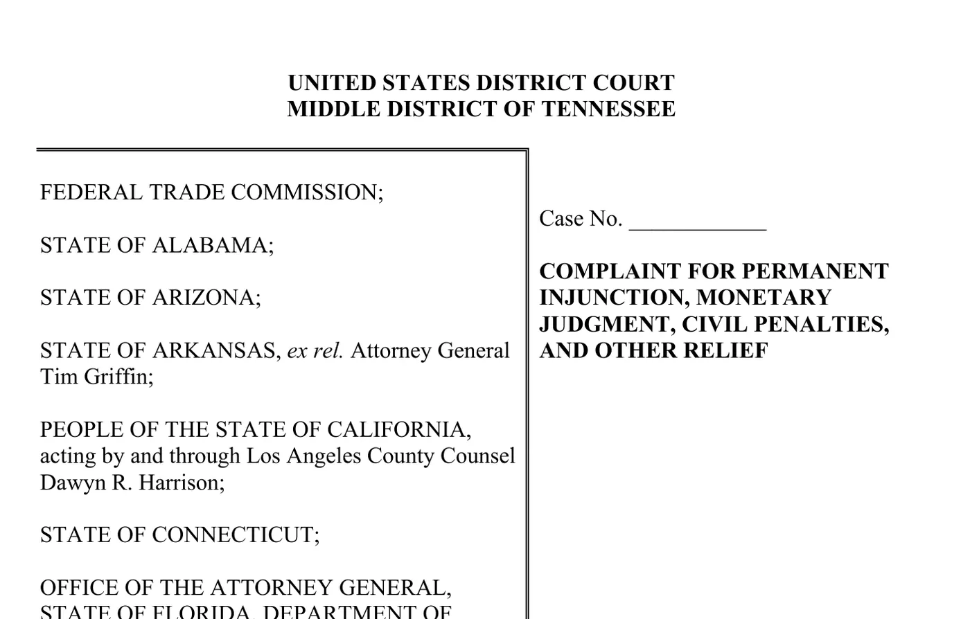 First page of the complaint, U.S. District Court, Middle District of Tennessee.