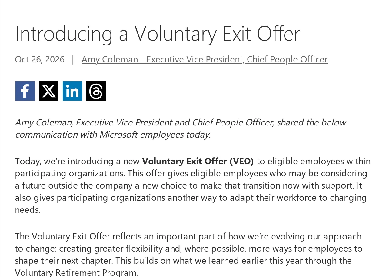 Microsoft’s blog post announcing the Voluntary Exit Offer, Oct. 26, 2026.