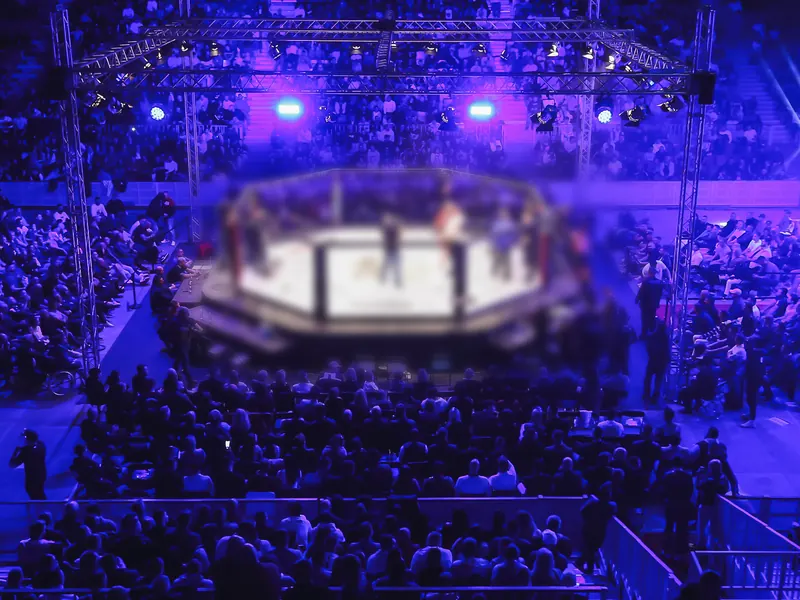 Mixed martial arts cage under arena lights (Hala Tivoli, Ljubljana)
