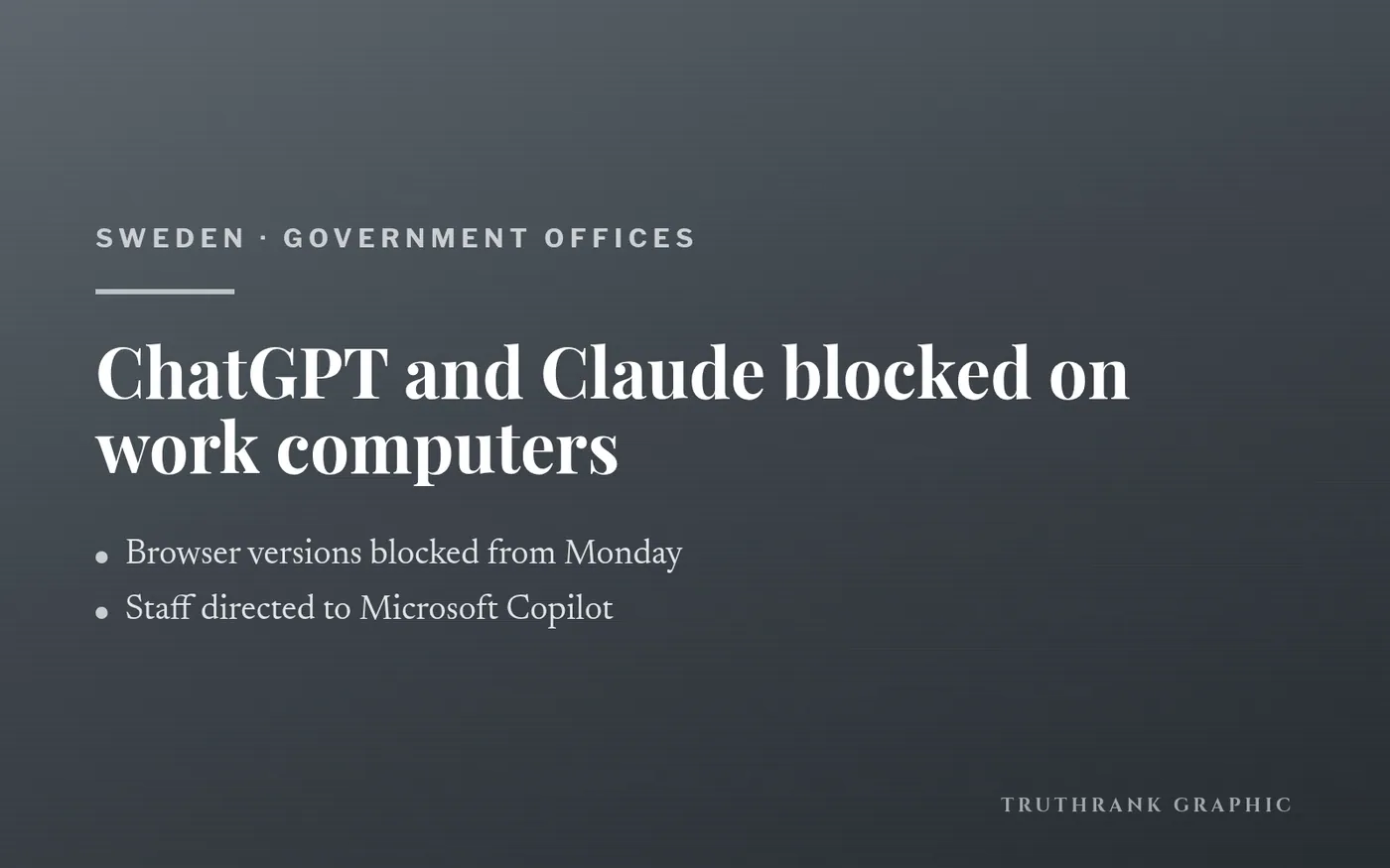 TruthRank graphic: Sweden’s Government Offices block ChatGPT and Claude.