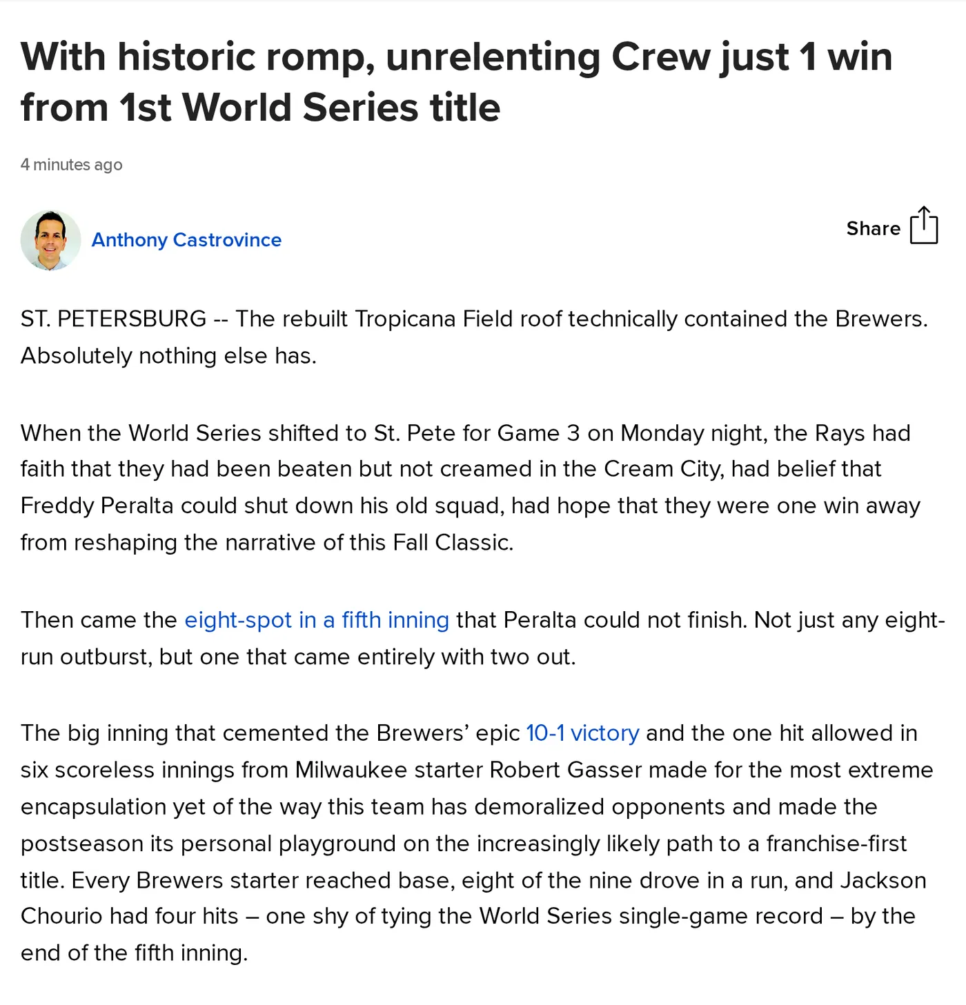 MLB.com’s Game 3 recap, published minutes after the final out.